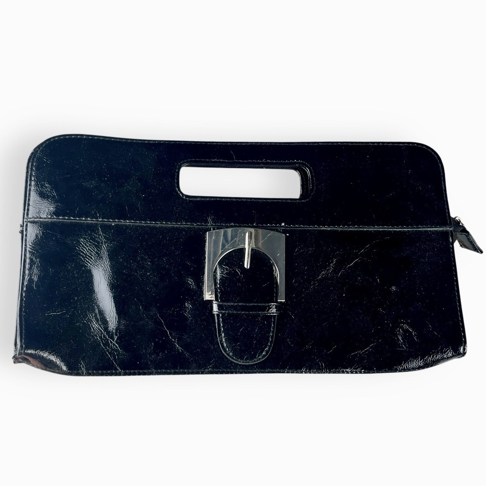 CATO Black Clutch Handbag Patent Faux Patent Leather Large Silver Buckle